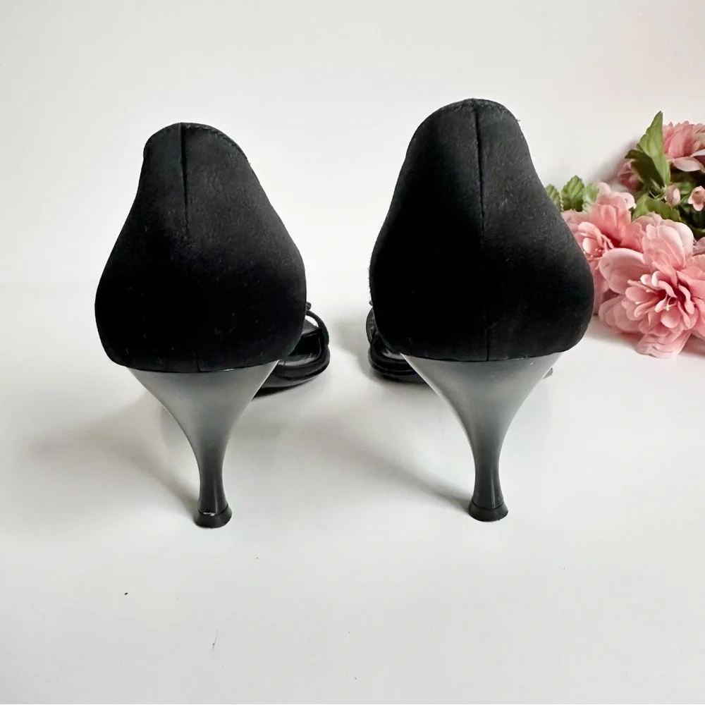 SALVATORE FERRAGAMO Black Satin D'Orsay Ruffle Open Toe High Heel Pumps